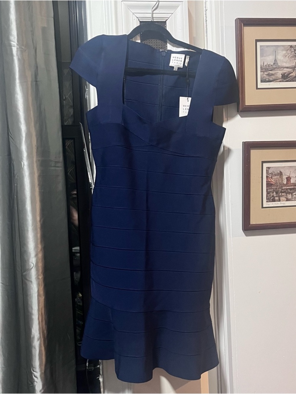Herve Leger Deep Navy Cap Sleeve Bandage Bodycon Midi Dress L